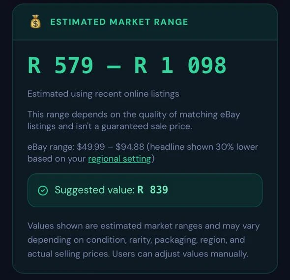 ValuR Estimated Market Range panel showing a price range and suggested value in local currency