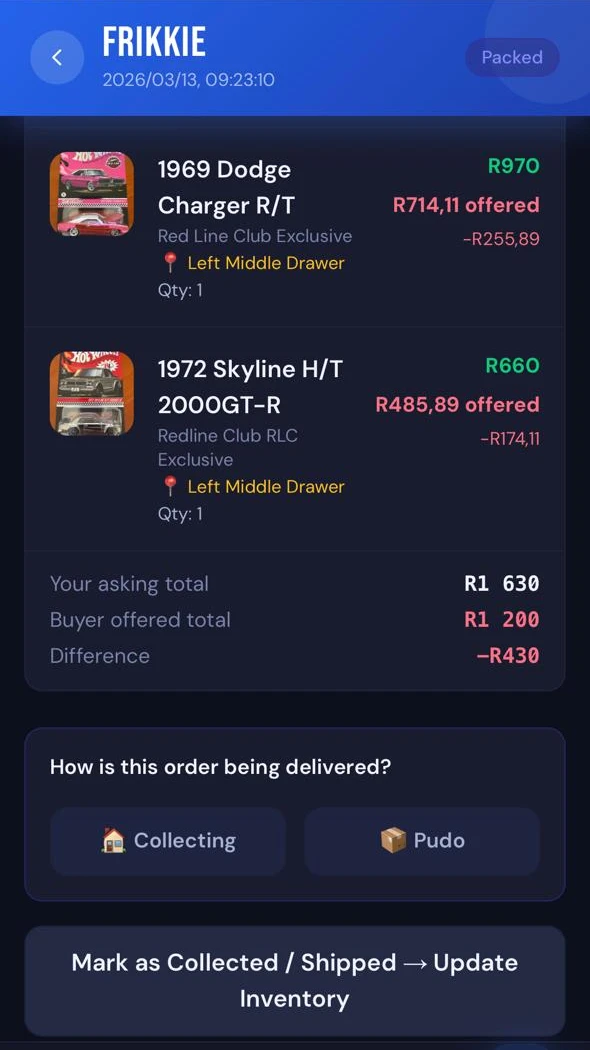 A ValuR order mid-pipeline showing its packed status, item details, and delivery options