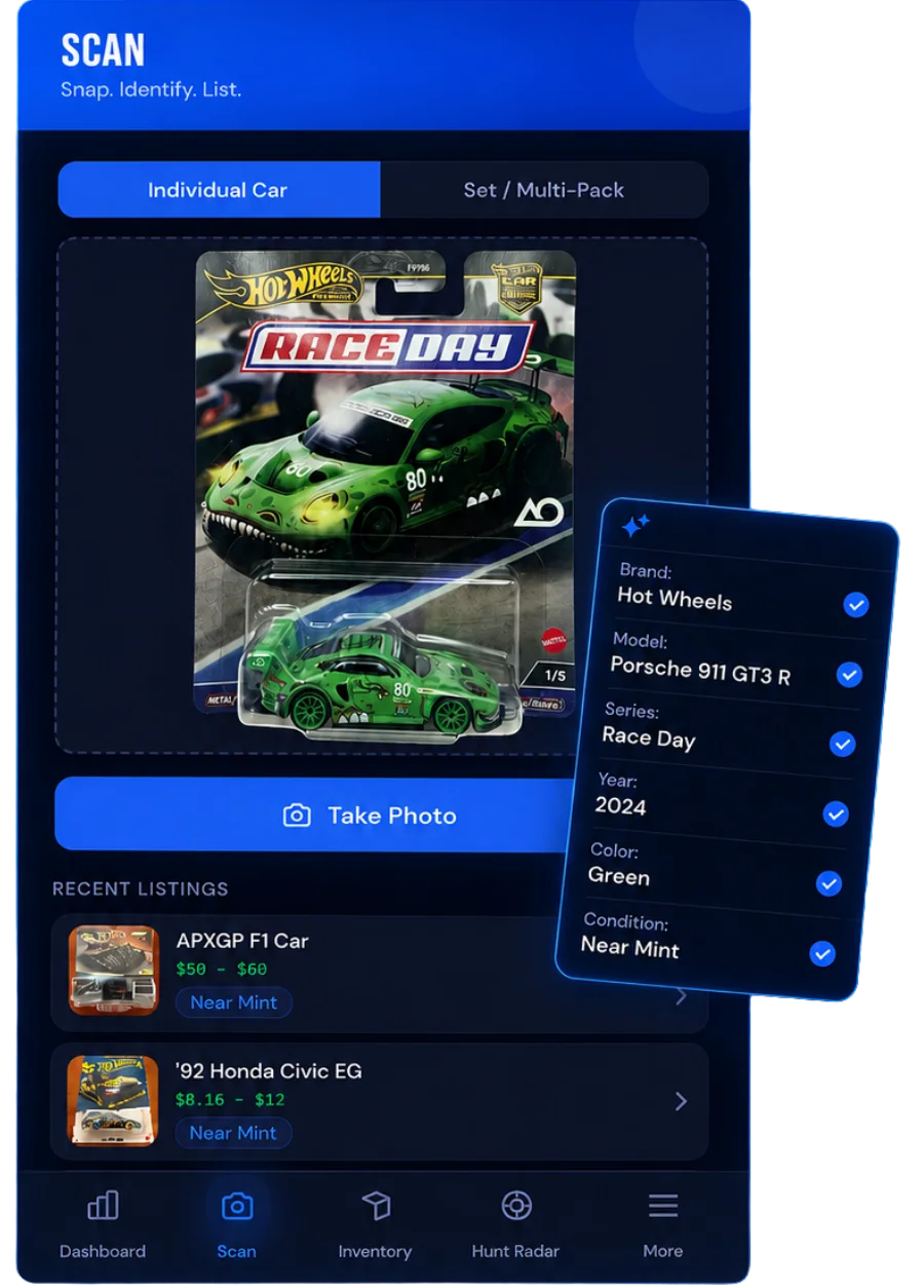 ValuR scan screen showing an AI-identified Hot Wheels car with all fields filled in